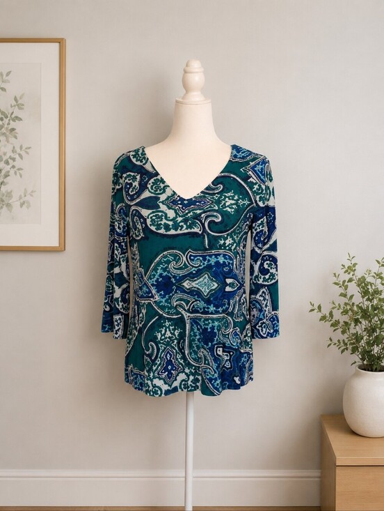 Chico's Tops - Chico's Travelers Teal Blue Paisley Print Top Women's Size 0P Petite (Small)